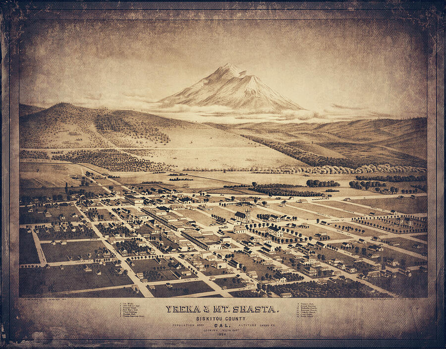 Yreka and Mount Shasta California Vintage Map Birds Eye View 1884 Sepia