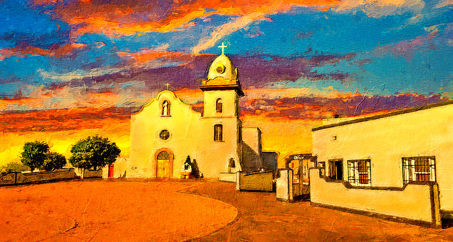 Ysleta Mission in El Paso, Texas, at sunset - digital painting Digital Art by Nicko Prints