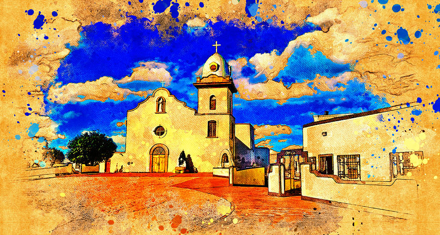 Ysleta Mission in El Paso, Texas - digital painting with vintage look Digital Art by Nicko Prints