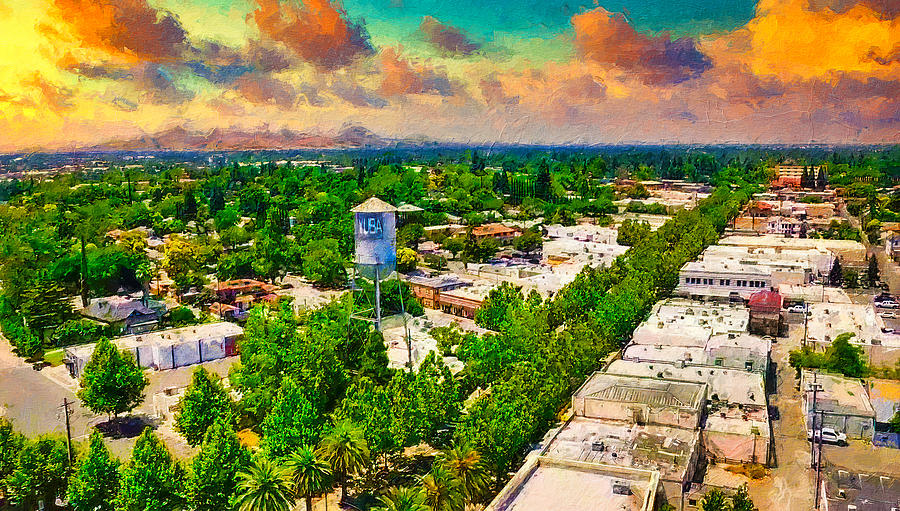 Yuba City and the water tower, California - digital painting Digital Art by Nicko Prints