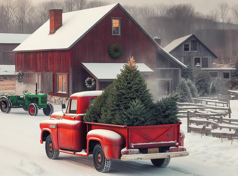 Yuletide Harmony Embracing Winter Warmth at the Cabin with Red Truck and Green Tractor AI Photograph by Jeff Folger