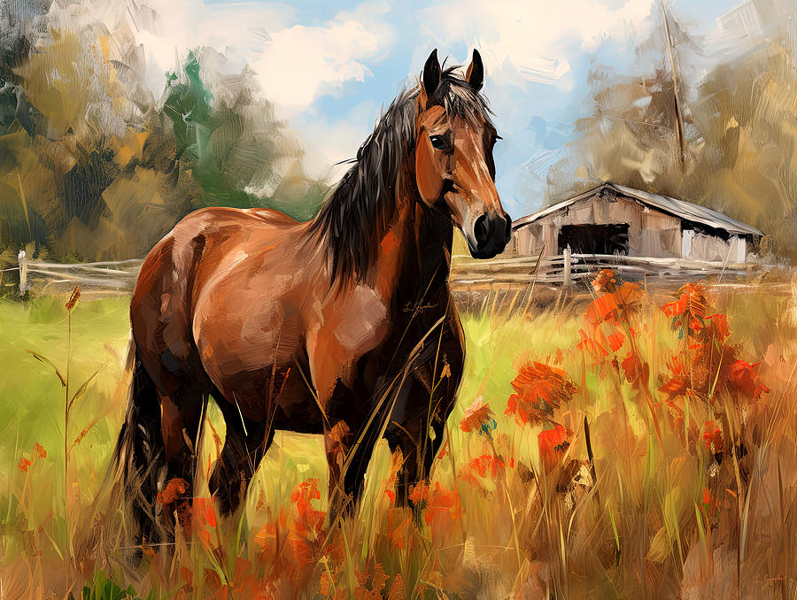Horse Painting - Yuma- Stunning Horse in Autumn by Lourry Legarde