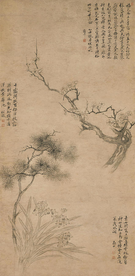 YUN SHOUPING Pine, Plum Blossoms and Daffodils Painting by Artistic Rifki