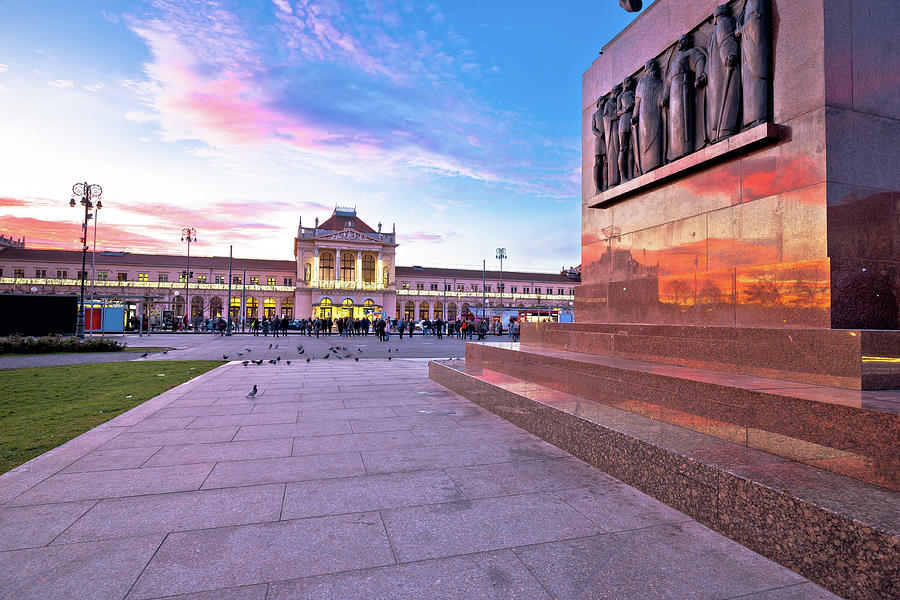 Zagreb central station and King Tomislav square sunset view Photograph by Brch Photography