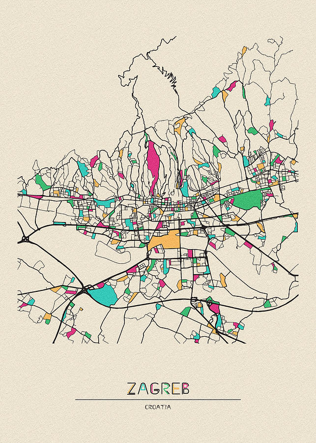 Memento Movie Drawing - Zagreb, Croatia City Map by Inspirowl Design