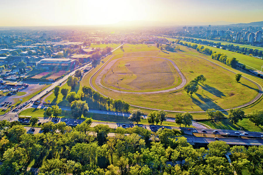 Zagreb Hippodrome and green cityscape aerial sunset view Photograph by Brch Photography