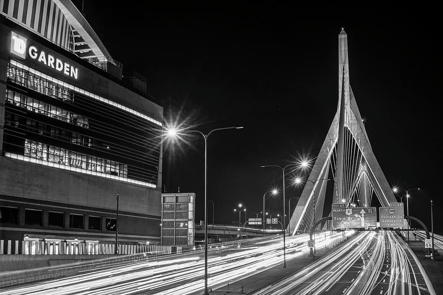 Zakim Bridge and TD Garden Boston MA long exposure Black and White Photograph by Toby McGuire