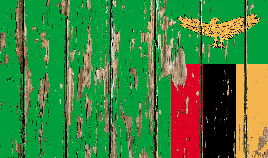 Zambia Flag Peeling Paint Distressed Barnwood Mixed Media