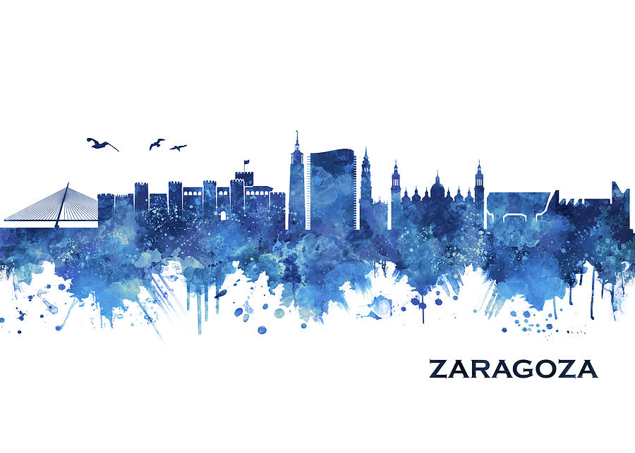 Zaragoza Spain Skyline Blue Mixed Media