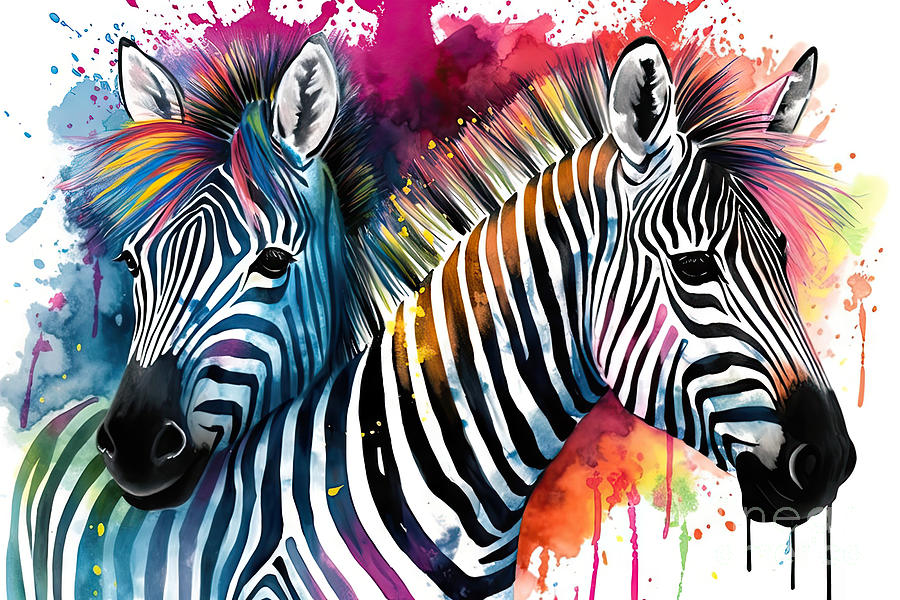Jungle Painting - Zebra Illustration With Rainbow Watercolor Texture. Rainbow Back by N Akkash
