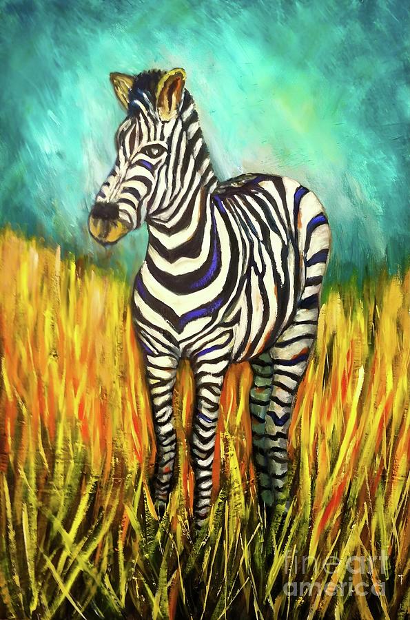 Zebra In Field Painting by Sherrell Rodgers