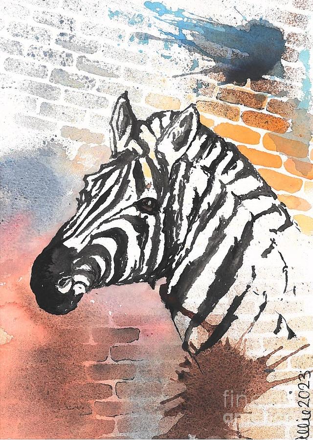 Zebra on a Brick Wall Painting by Allie Lily