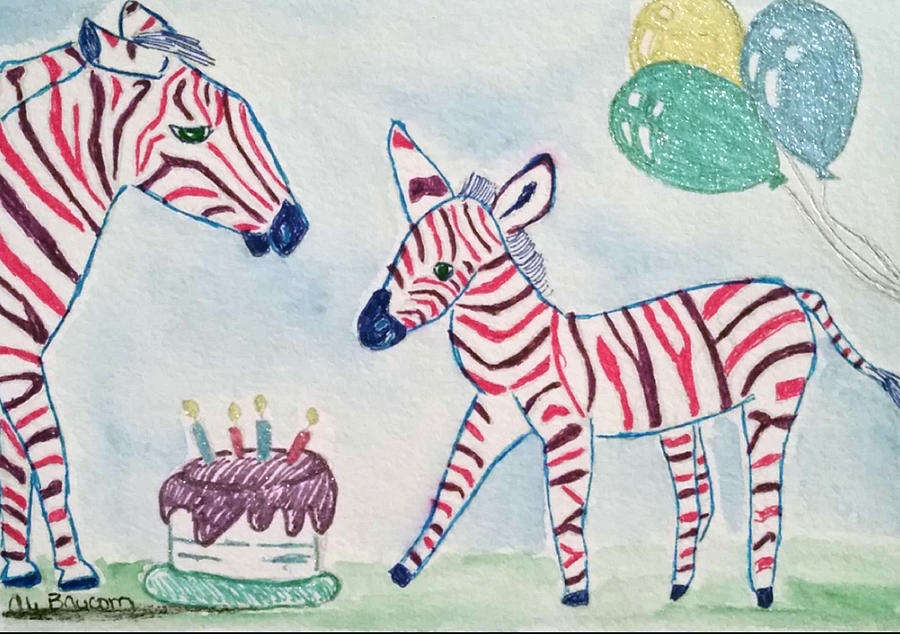 Zebra Party with Cake and Balloons Drawing by Ali Baucom