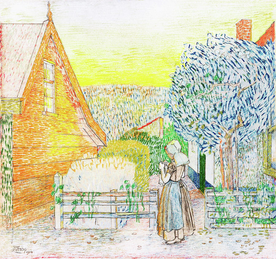 Impressionism Painting - Zeeland girl, knitting in a courtyard - Digital Remastered Edition by Jan Toorop