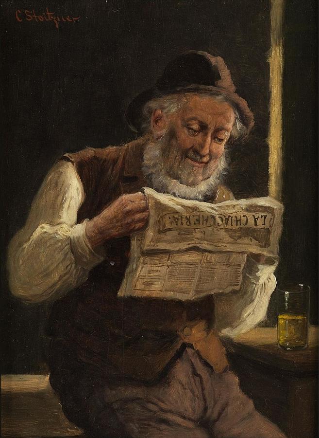 Zeitungslesender alter Mann Painting by Konstantin Stoitzner | Fine Art ...