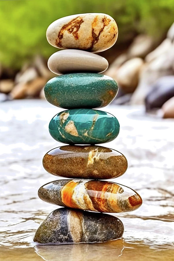 Zen Balancing Seid Stacking Stones on a Riverbank - I Digital Art by Lena Owens - OLena Art Vibrant Palette Knife and Graphic Design