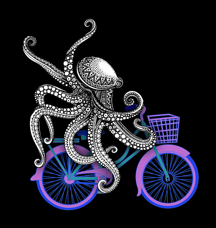 Zen Octopus Blue Red White Purple Bike Painting by Tony Rubino