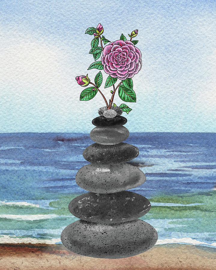Zen Rocks Cairn Meditative Tower And Camellia Flower Watercolor Painting by Irina Sztukowski