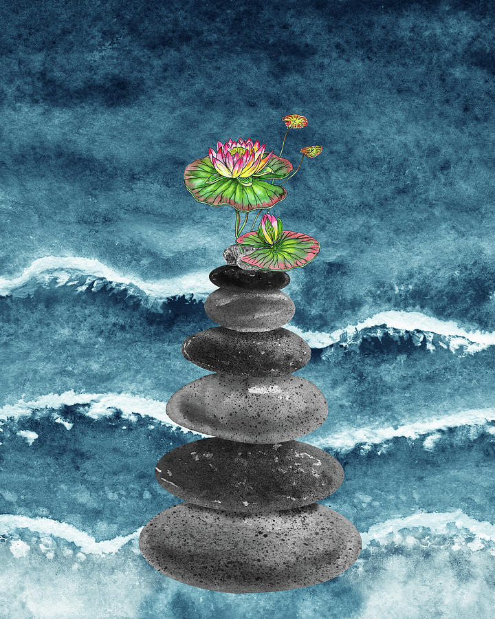 Zen Rocks Cairn Meditative Tower And Lotus Flower Watercolor  Painting by Irina Sztukowski