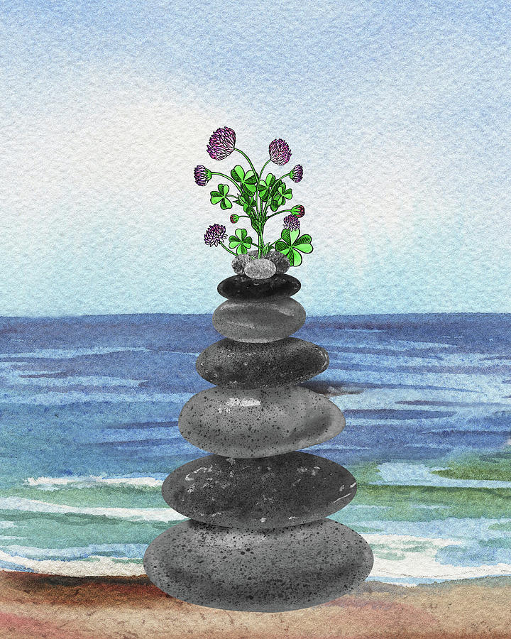 Zen Rocks Cairn Meditative Tower And Lucky Clover Flower Watercolor Painting by Irina Sztukowski