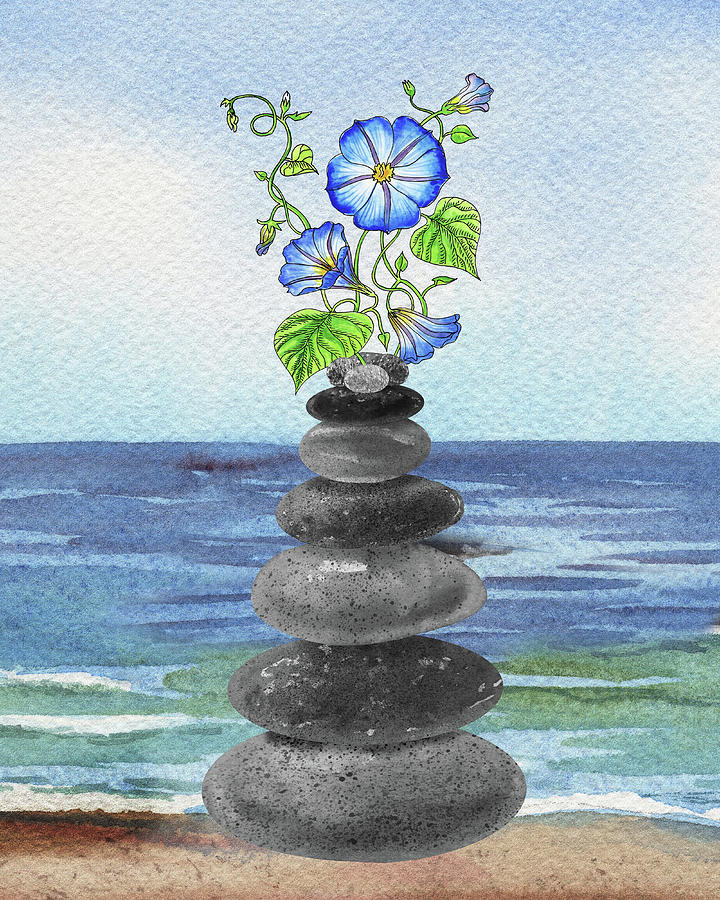 Zen Rocks Cairn Meditative Tower And Morning Glory Flower Watercolor Painting by Irina Sztukowski
