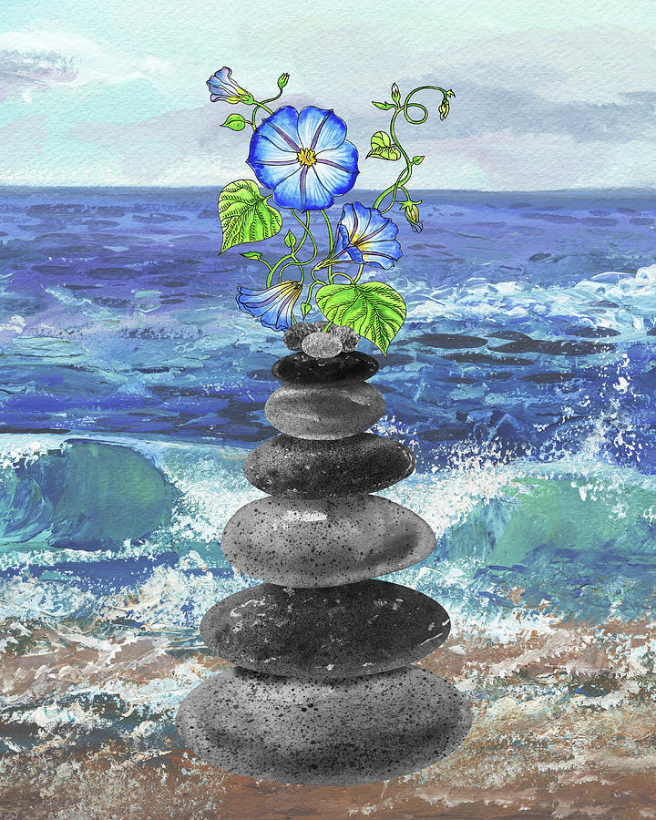 Zen Rocks Cairn Meditative Tower And Morning Glory Flowers Watercolor Painting by Irina Sztukowski