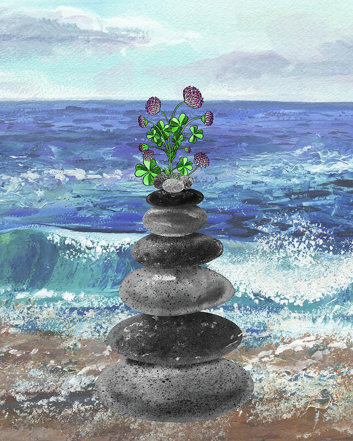 Zen Rocks Cairn Meditative Tower And Pink Clover Flower Watercolor Painting by Irina Sztukowski