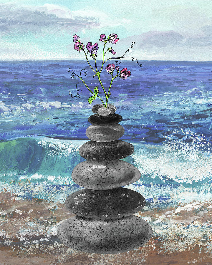 Zen Rocks Cairn Meditative Tower And Sweet Pea Flower Watercolor Painting by Irina Sztukowski
