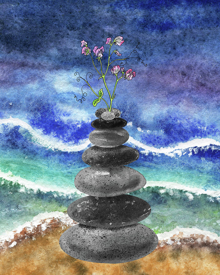 Zen Rocks Cairn Meditative Tower And Sweet Pea Flowers Watercolor Painting by Irina Sztukowski