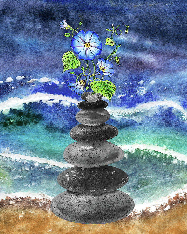 Zen Rocks Cairn Meditative Tower Blue Morning Glory Flower Watercolor Painting by Irina Sztukowski