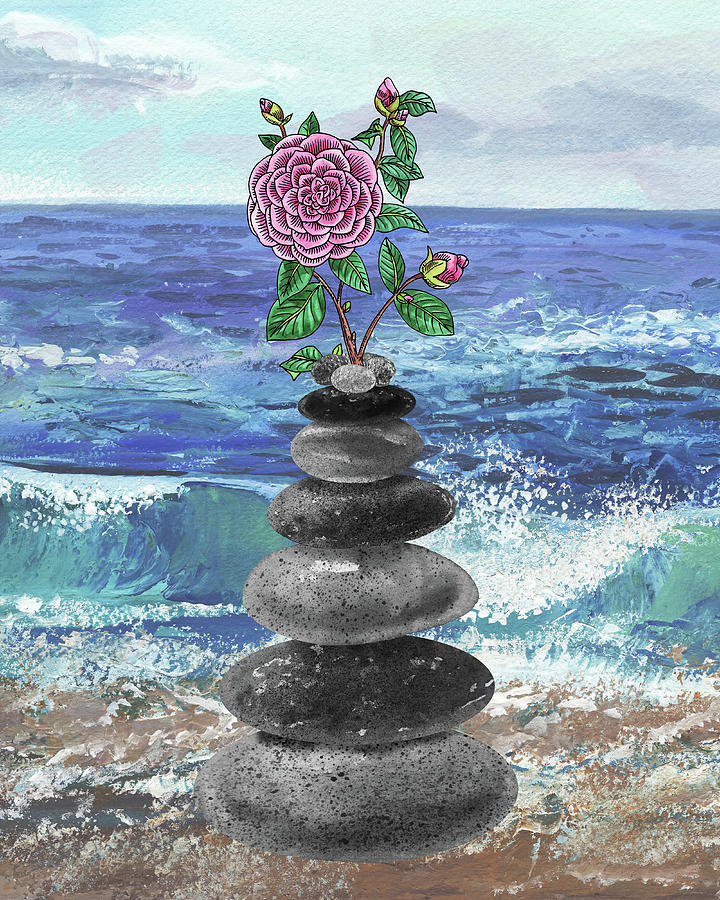 Zen Rocks Cairn Meditative Tower Camellia Flower Watercolor Painting by Irina Sztukowski