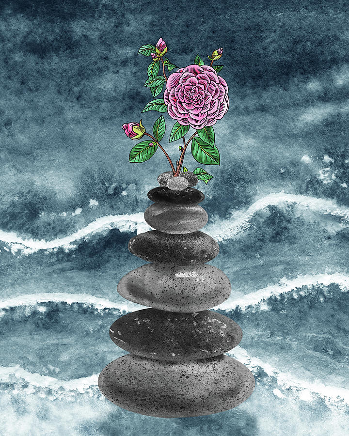 Zen Rocks Cairn Meditative Tower Japanese Camellia Flower Watercolor Painting by Irina Sztukowski