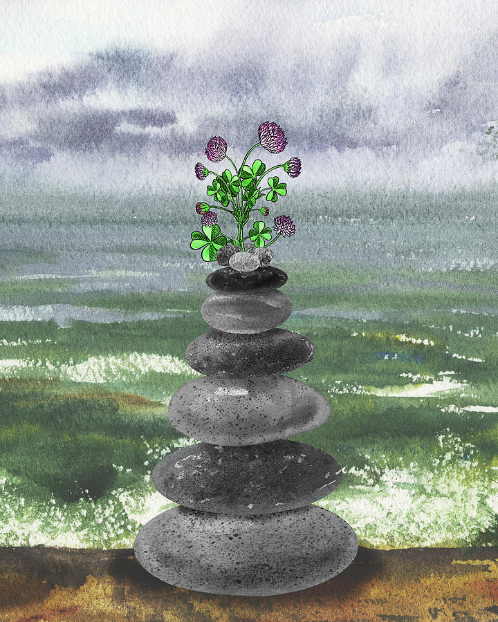 Zen Rocks Cairn Meditative Tower Lucky Clover Flower Watercolor Painting by Irina Sztukowski