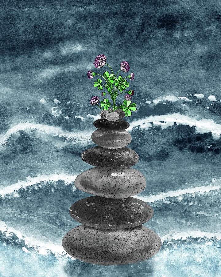 Zen Rocks Cairn Meditative Tower Lucky Clover Flowers Watercolor Painting by Irina Sztukowski