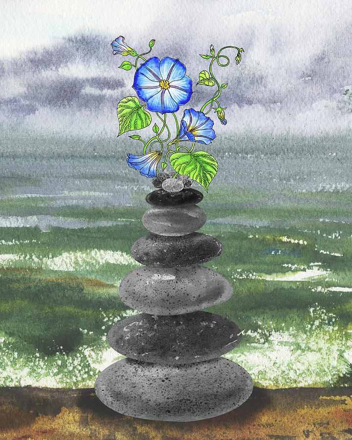 Zen Rocks Cairn Meditative Tower Morning Glory Flower Watercolor Painting by Irina Sztukowski