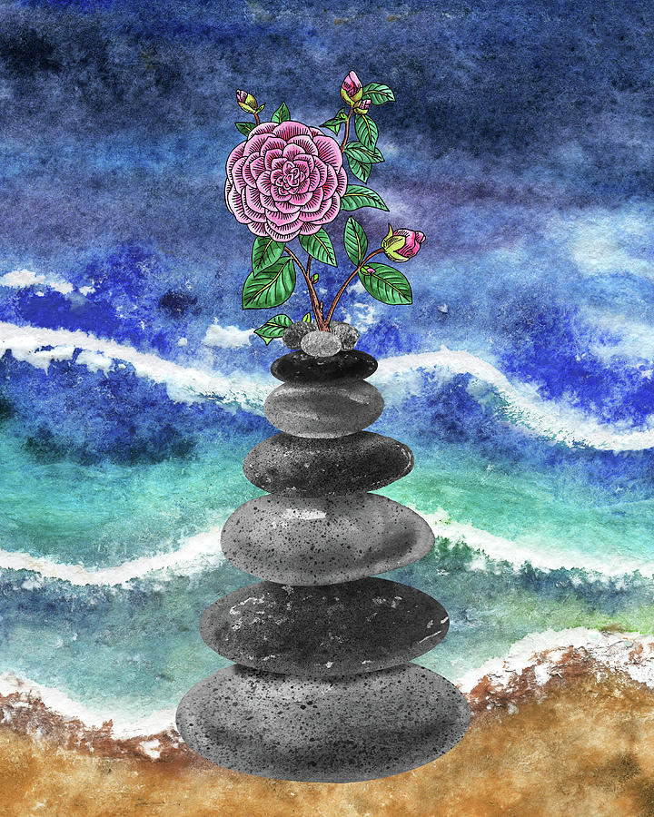 Zen Rocks Cairn Meditative Tower Pink Camellia Flower Watercolor Painting by Irina Sztukowski