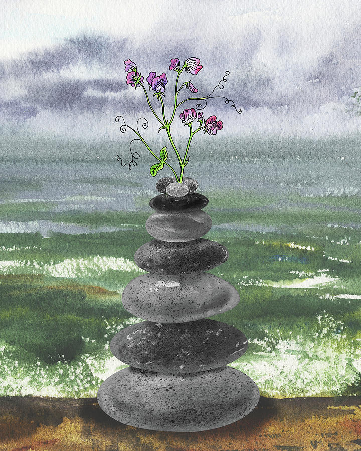 Zen Rocks Cairn Meditative Tower Sweet Pea Flower Watercolor Painting by Irina Sztukowski