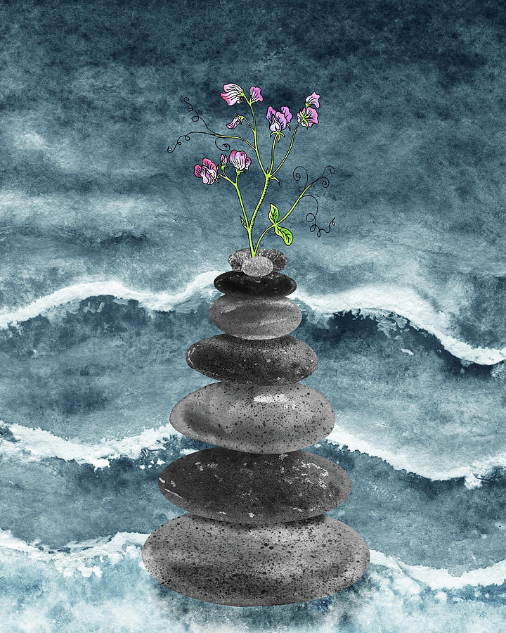 Zen Rocks Cairn Meditative Tower Sweet Pea Flowers Watercolor Painting by Irina Sztukowski