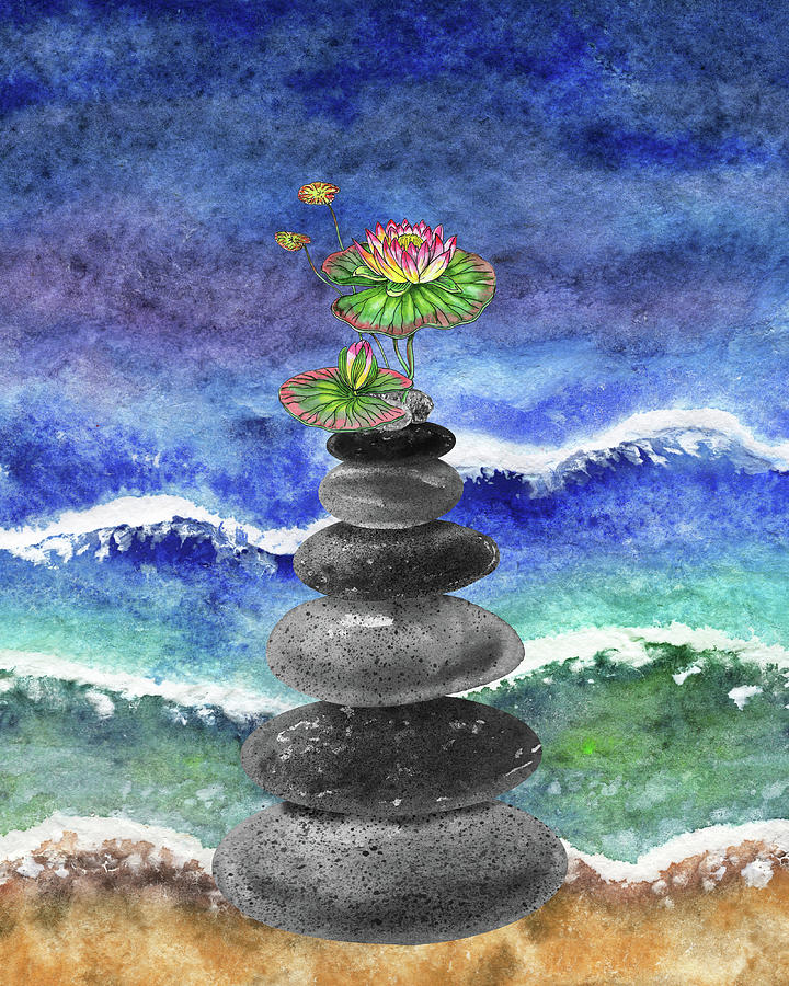 Zen Rocks Cairn Meditative Tower Water Lily Flower Watercolor  Painting by Irina Sztukowski
