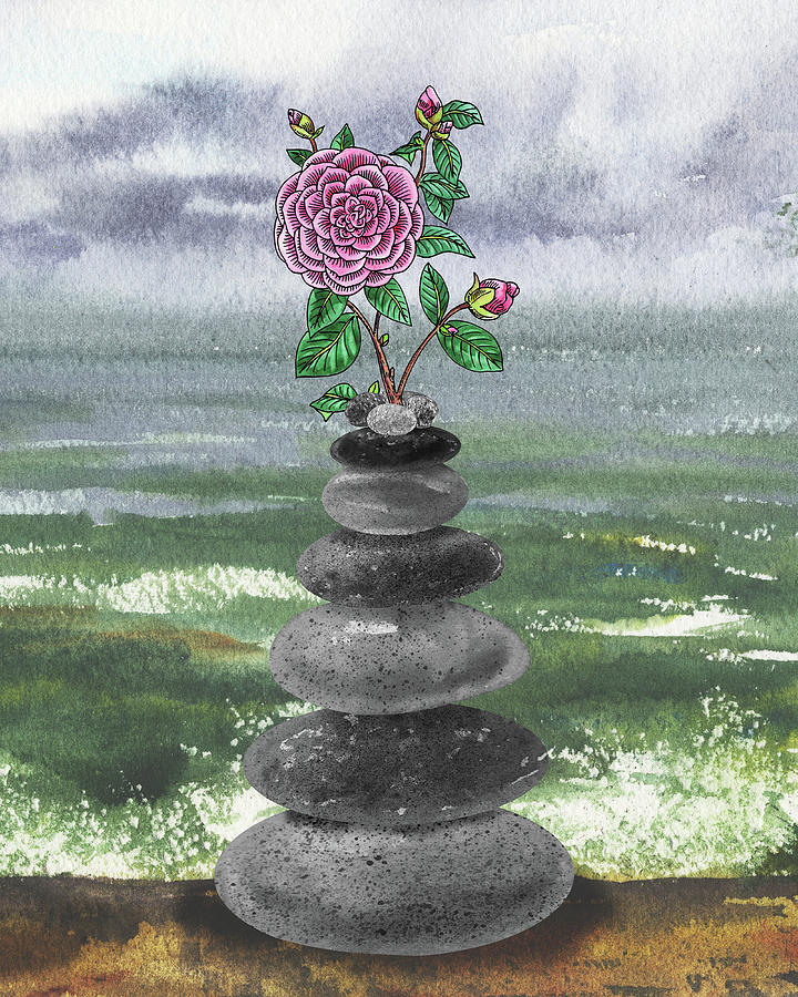 Zen Rocks Cairn Meditative Tower With Camellia Flower Watercolor Painting by Irina Sztukowski