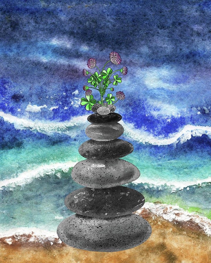 Zen Rocks Cairn Meditative Tower With Lucky Clover Flower Watercolor Painting by Irina Sztukowski