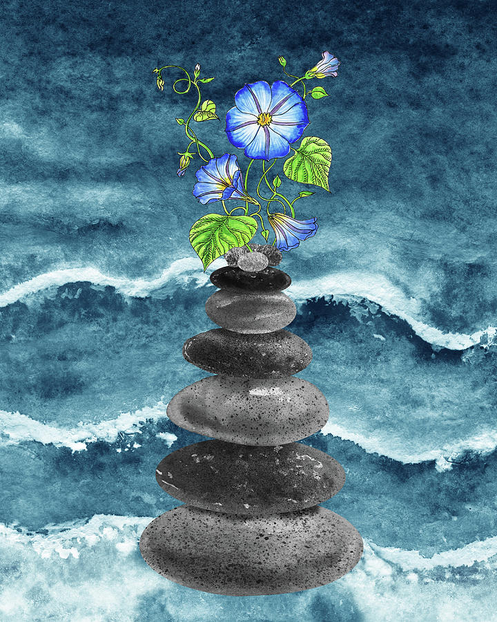 Zen Rocks Cairn Meditative Tower With Morning Glory Flower Watercolor Painting by Irina Sztukowski
