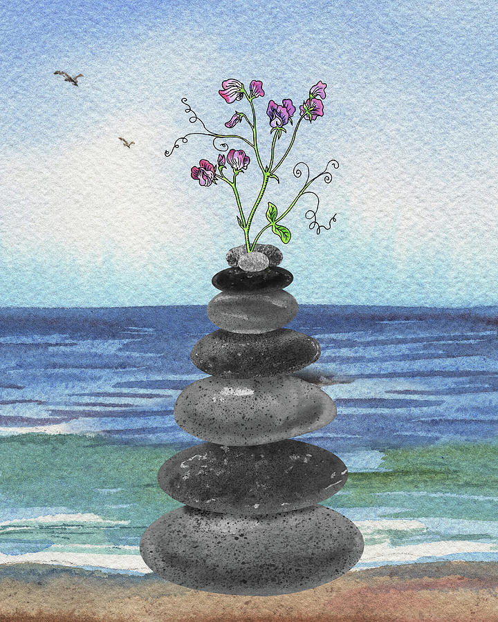 Zen Rocks Cairn Meditative Tower With Sweet Pea Flower Watercolor  Painting by Irina Sztukowski