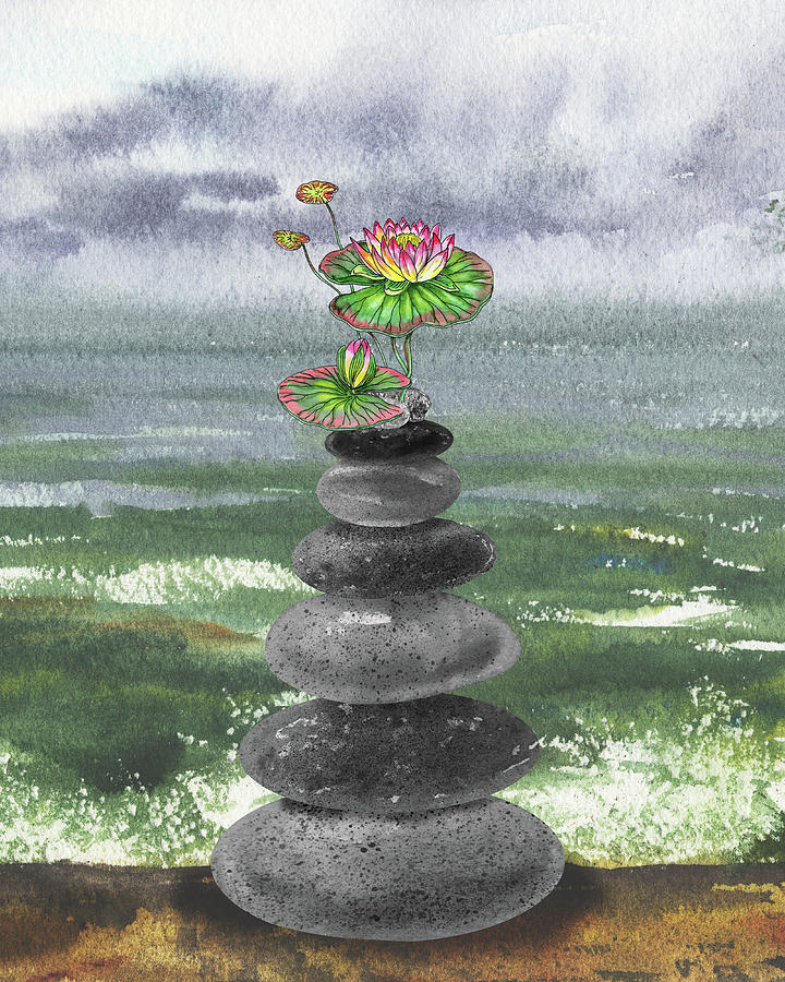 Zen Rocks Cairn Meditative Tower With Water Lily Flower Watercolor  Painting by Irina Sztukowski