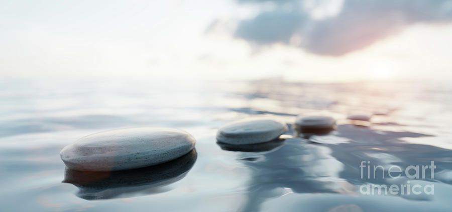 Zen Stones On Calm Water At Sunset Spa Wellness And Harmony Photograph By Michal Bednarek