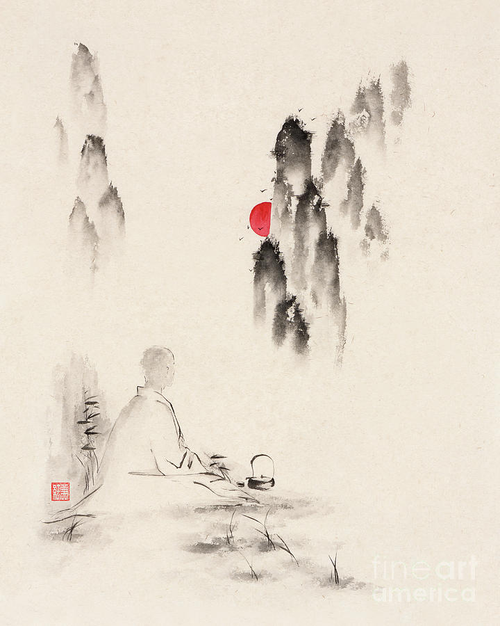 Zen Sumi E Artwork Of A Monk Meditating During The Sunset In Mis Awen Fine Art Prints 