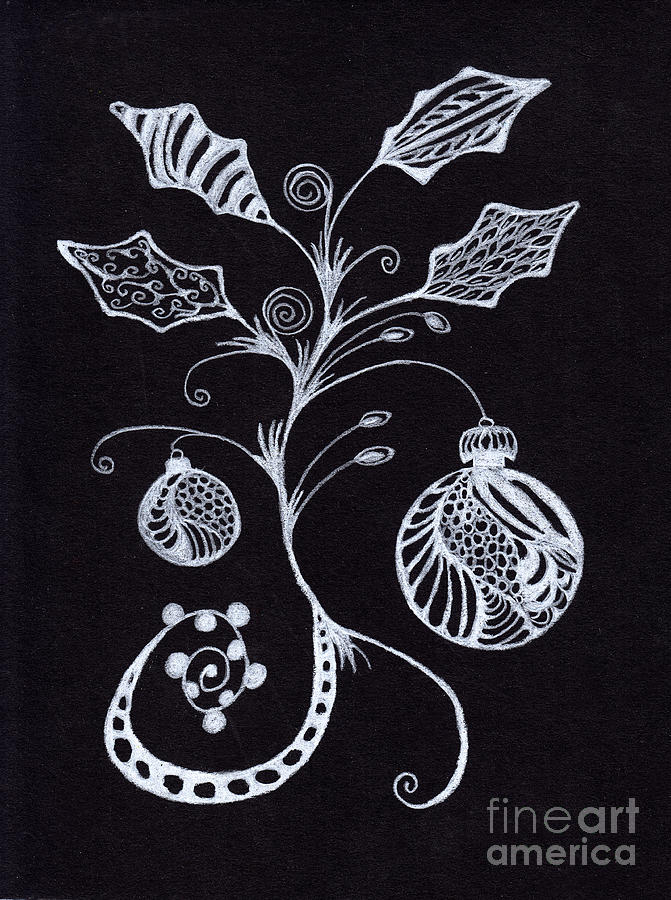 Zentangle Christmas Ornaments and Holly Leaves Drawing by Conni Schaftenaar