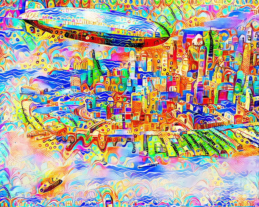 Zeppelin Over New York in Vibrant Contemporary Whimsical Colors 20200723a Photograph by Wingsdomain Art and Photography