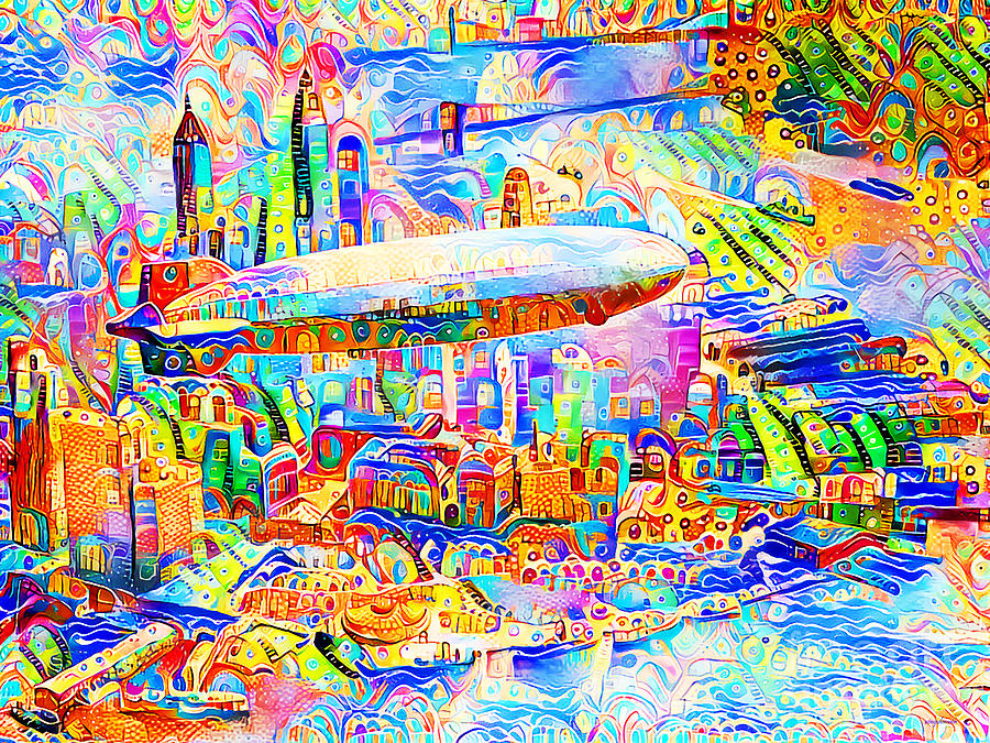 Zeppelin Over New York in Vibrant Contemporary Whimsical Colors 20200723v2 Photograph by Wingsdomain Art and Photography