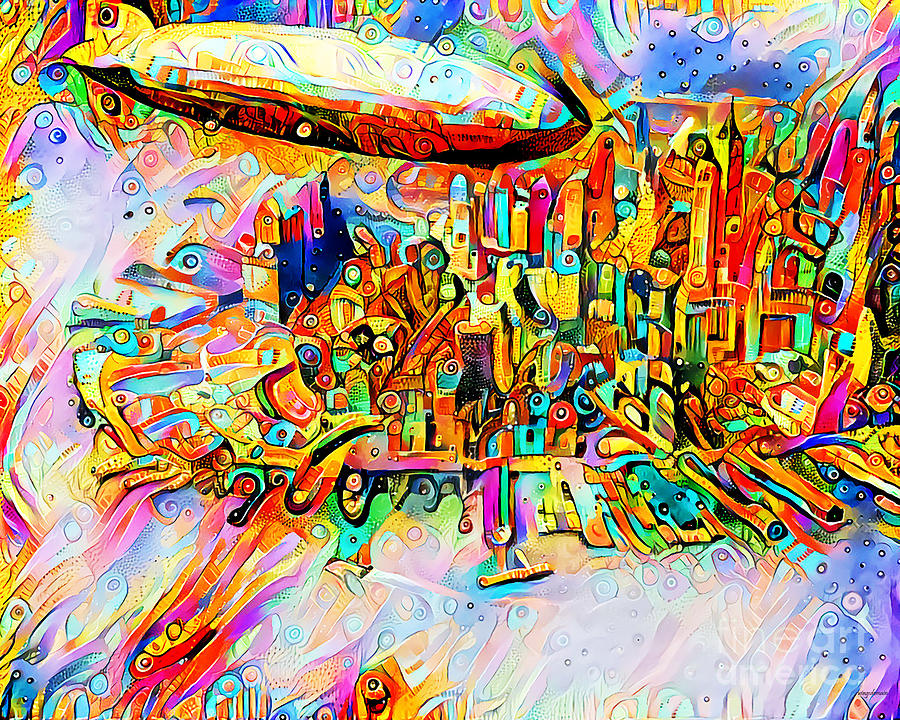 Zeppelin Over New York in Vibrant Contemporary Whimsical Colors 20200724v4 Photograph by Wingsdomain Art and Photography